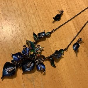 Blue Calla Lilly and Butterfly Necklace/ Earrings